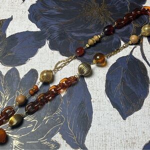 Estate Long Chunky Gold and Faux Tortoise Shell Amber Acrylic Necklace D2